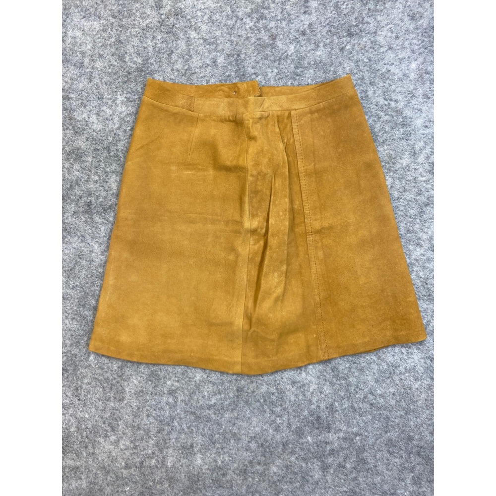 Suede‎ A Line Skirt Camel Tan Zipper Button Front Pleated Detail Women's S